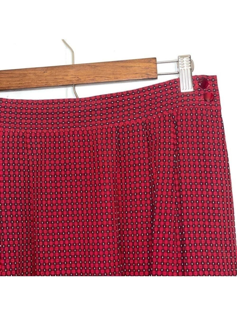 Vintage 90s Bechamel Red Geometric Rayon Midi Skirt High Waist Button Detail Cot - Picture 3 of 11